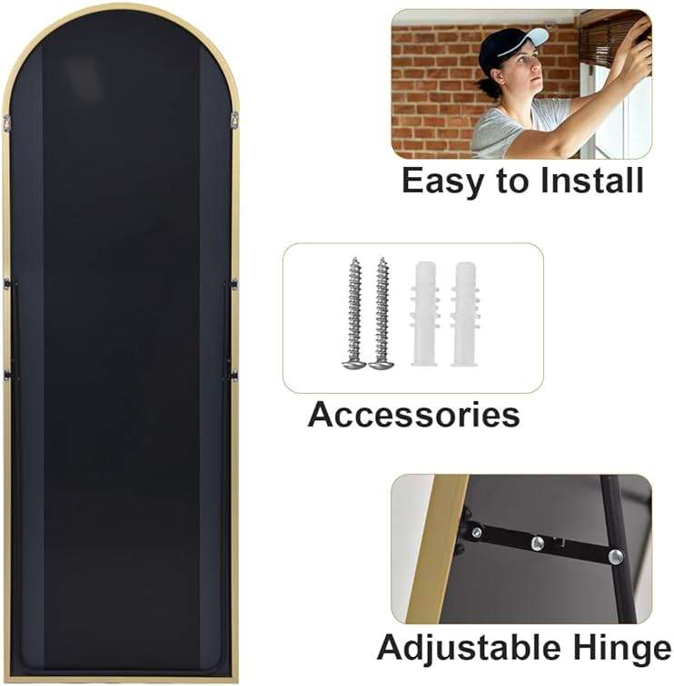 HARRITPURE 64"x21" Arched Full Length Mirror Free Standing Leaning Hanging Mounted Mirror Aluminum Frame Modern Simple Home Decor for Living Room Bedroom Cloakroom, Gold - Image 9