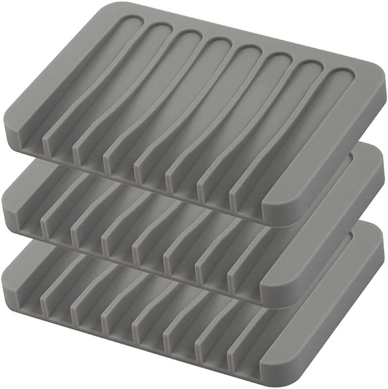 3PCS Self Draining Soap Holder, Premium Silicone Soap Dish, Soap Saver for Shower, Bathroom, Kitchen, Bath Tub, Sponges,Keep Soap Bars Dry Clean,Easy Clean,Extend Soap Life (Grey) - Image 1