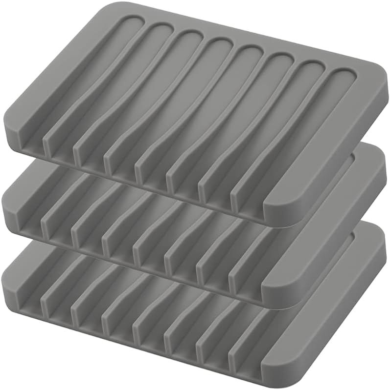 3PCS Self Draining Soap Holder, Premium Silicone Soap Dish, Soap Saver for Shower, Bathroom, Kitchen, Bath Tub, Sponges,Keep Soap Bars Dry Clean,Easy Clean,Extend Soap Life (Grey) - Product Image