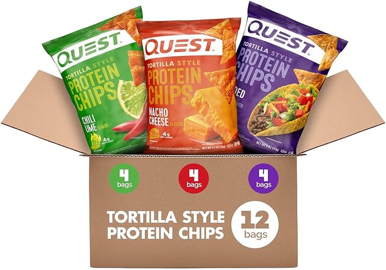Quest Nutrition Tortilla Style Protein Chips Variety Pack, Chili Lime, Nacho Cheese, Loaded Taco, Low Carb, High Protein, Gluten Free, 1.1 oz (Pack of 12) - Product Image