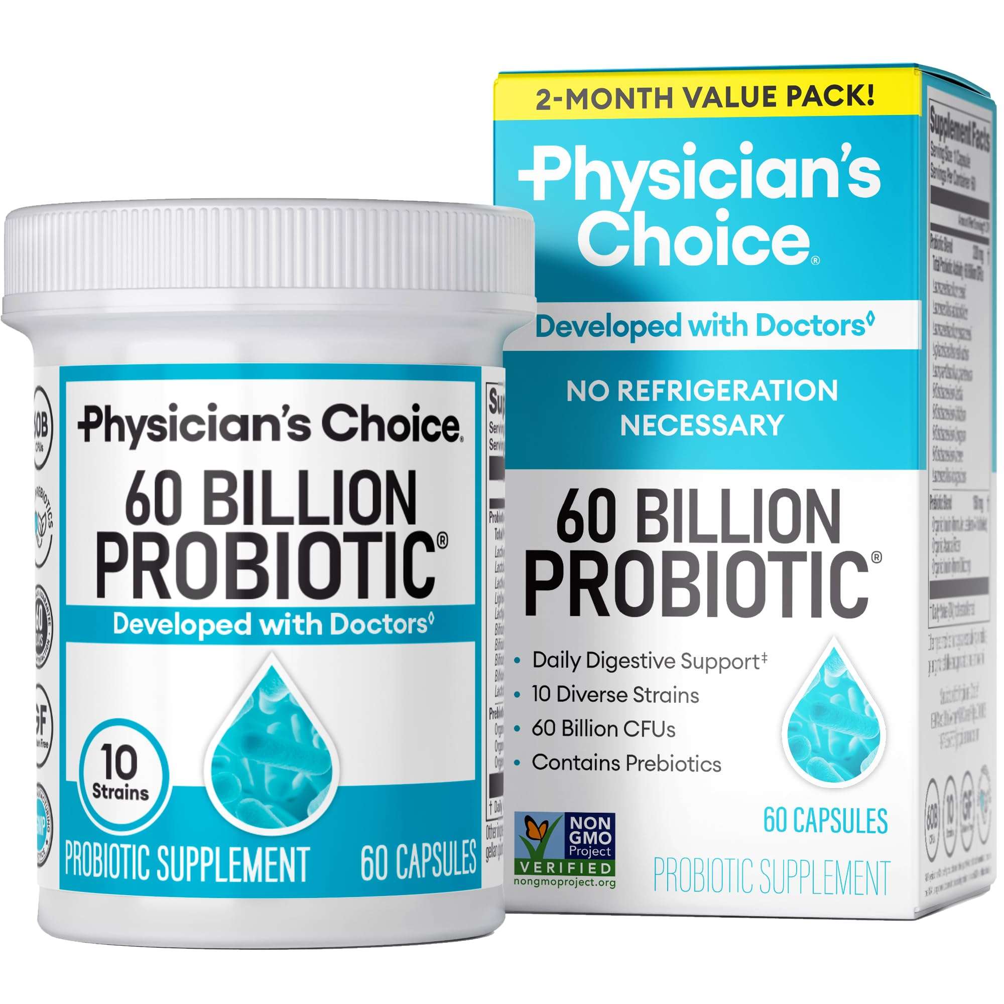 Physician's CHOICE Probiotics 60 Billion CFU - 10 Strains + Organic Prebiotics - Immune, Digestive & Gut Health - Supports Occasional Constipation, Diarrhea, Gas & Bloating - for Women & Men - 60ct - Image 1