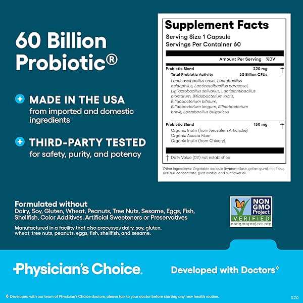 Physician's CHOICE Probiotics 60 Billion CFU - 10 Strains + Organic Prebiotics - Immune, Digestive & Gut Health - Supports Occasional Constipation, Diarrhea, Gas & Bloating - for Women & Men - 60ct - Image 6