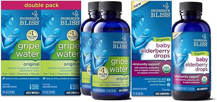 Mommy's Bliss Gripe Water Original 4 Fl Oz (Pack of 2) with Organic Baby Elderberry Drops 3 Fl Oz (Pack of 1) - Product Image