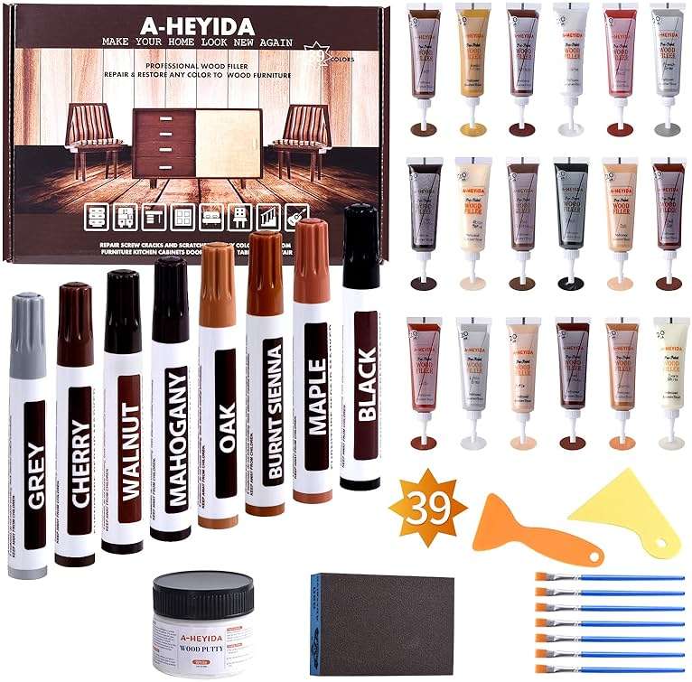 Wood Floor Scratch Repair - Set of 39 - Hardwood Floor Repair Kit Wood Filler Putty, Wood Markers Furniture Repair Kit Touch Up Pens for Scratch Stain Hole, Restore Laminate Vinyl Veneer Cabinet - Image 1