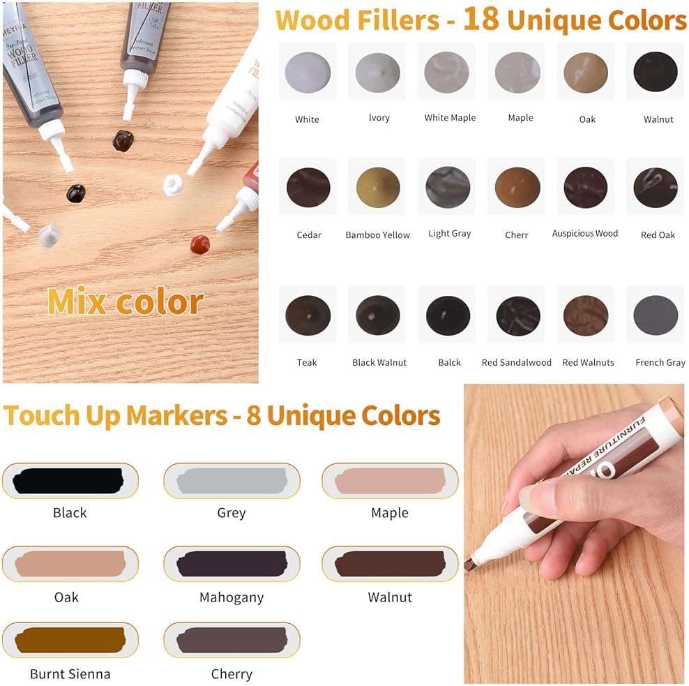 Wood Floor Scratch Repair - Set of 39 - Hardwood Floor Repair Kit Wood Filler Putty, Wood Markers Furniture Repair Kit Touch Up Pens for Scratch Stain Hole, Restore Laminate Vinyl Veneer Cabinet - Image 2