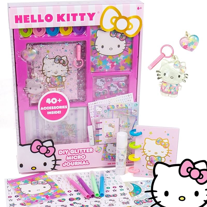 Hello Kitty DIY Glitter Micro Journal by Horizon Group USA, 40+ Stationery Accessories Including Hello Kitty Stickers, Surprise Keychain, Interchangeable Binder Discs, Squishy Glitter Cover & More - Product Image