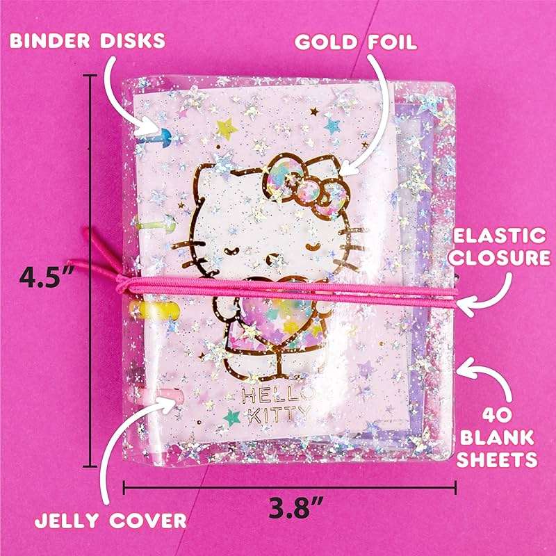 Hello Kitty DIY Glitter Micro Journal by Horizon Group USA, 40+ Stationery Accessories Including Hello Kitty Stickers, Surprise Keychain, Interchangeable Binder Discs, Squishy Glitter Cover & More - Image 2