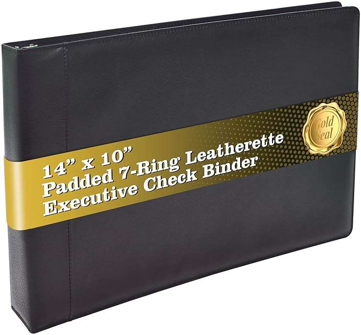 GOLD SEAL 7 Ring Executive Check Binder with Zipper Pouch, Padded Black Textured Premium Leatherette Cover, for 9" x 13" 3 Per Page Business Checks, 600 Check Capacity Checkbook Holder - Image 1