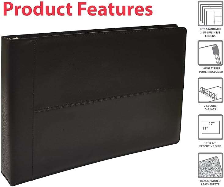 GOLD SEAL 7 Ring Executive Check Binder with Zipper Pouch, Padded Black Textured Premium Leatherette Cover, for 9" x 13" 3 Per Page Business Checks, 600 Check Capacity Checkbook Holder - Image 5