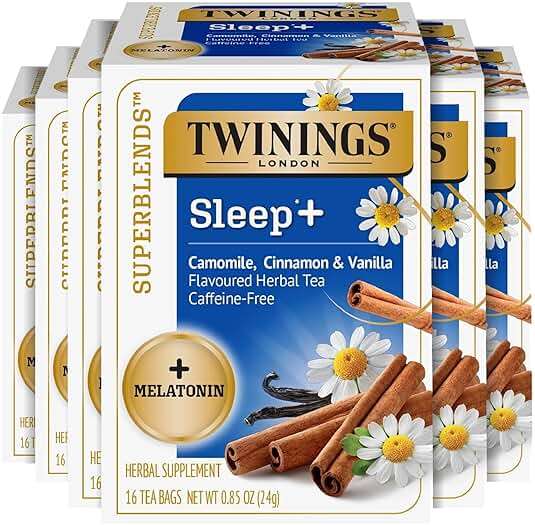 Twinings Superblends Sleep+ Herbal Tea with 1mg Melatonin, Camomile, Cinnamon & Vanilla, Naturally Caffeine-Free, 16 Tea Bags (Pack of 6), 96 Teabags - Image 1