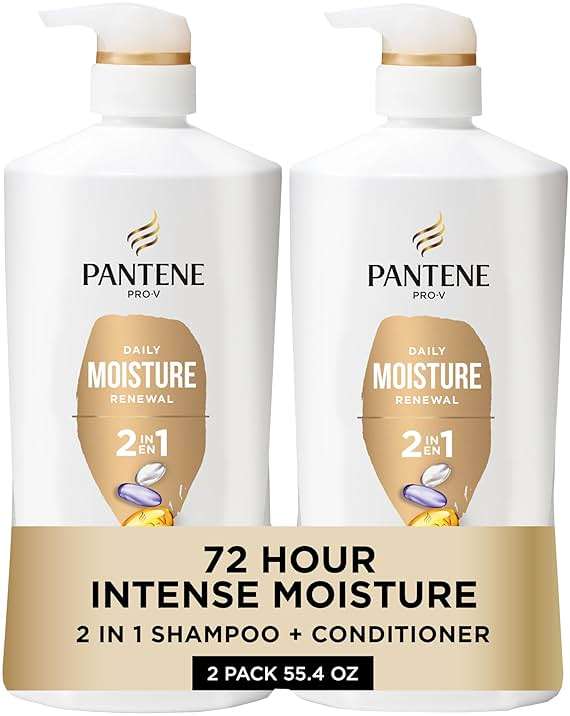 Pantene 2-in-1 Shampoo & Conditioner, Daily Moisture Renewal - Pro-V Nutrients for Dry, Color-Treated, Straight to Curly Hair, 72-Hour Hydration & Softness, 27.7 Oz Each, 2-Pack + Rescue Shot (0.5 Oz) - Image 1