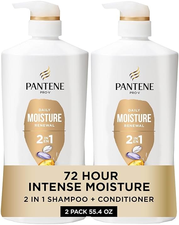 Pantene 2-in-1 Shampoo & Conditioner, Daily Moisture Renewal - Pro-V Nutrients for Dry, Color-Treated, Straight to Curly Hair, 72-Hour Hydration & Softness, 27.7 Oz Each, 2-Pack + Rescue Shot (0.5 Oz) - Product Image