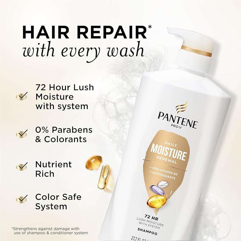 Pantene 2-in-1 Shampoo & Conditioner, Daily Moisture Renewal - Pro-V Nutrients for Dry, Color-Treated, Straight to Curly Hair, 72-Hour Hydration & Softness, 27.7 Oz Each, 2-Pack + Rescue Shot (0.5 Oz) - Image 2