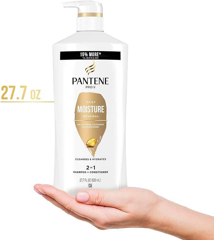 Pantene 2-in-1 Shampoo & Conditioner, Daily Moisture Renewal - Pro-V Nutrients for Dry, Color-Treated, Straight to Curly Hair, 72-Hour Hydration & Softness, 27.7 Oz Each, 2-Pack + Rescue Shot (0.5 Oz) - Image 5