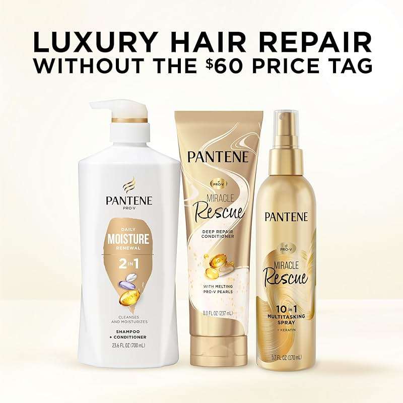 Pantene 2-in-1 Shampoo & Conditioner, Daily Moisture Renewal - Pro-V Nutrients for Dry, Color-Treated, Straight to Curly Hair, 72-Hour Hydration & Softness, 27.7 Oz Each, 2-Pack + Rescue Shot (0.5 Oz) - Image 8