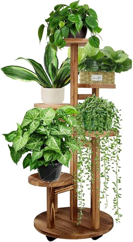 GEEBOBO 5 Tiered Tall Plant Stand for Indoor, Wood Plant Shelf Corner Display Rack, Multi-tier Planter Pot Holder Flower Stand for Living Room Balcony Garden Patio (Walnut) - Image 1