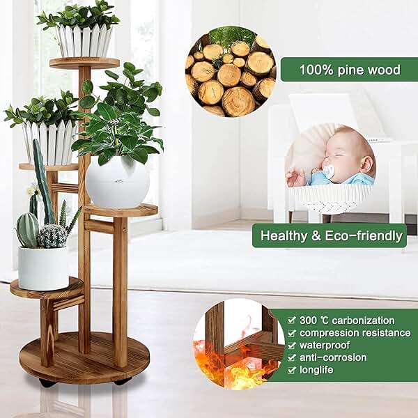 GEEBOBO 5 Tiered Tall Plant Stand for Indoor, Wood Plant Shelf Corner Display Rack, Multi-tier Planter Pot Holder Flower Stand for Living Room Balcony Garden Patio (Walnut) - Image 4