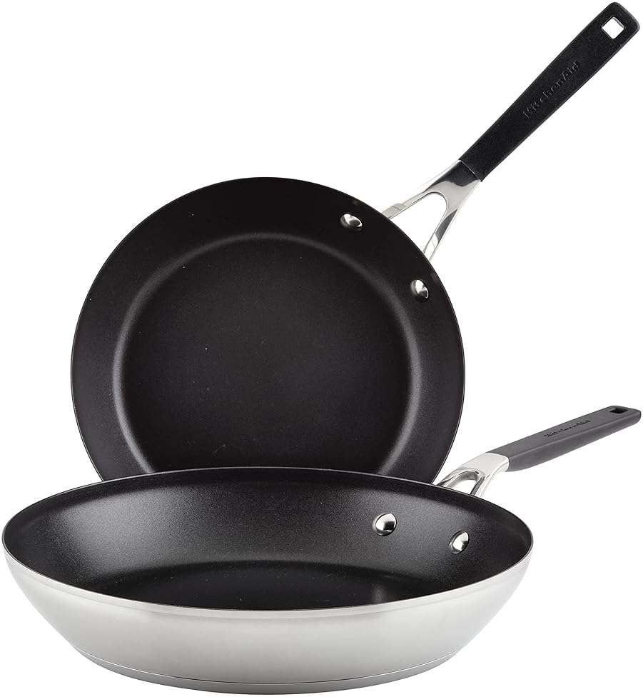 KitchenAid Stainless Steel Nonstick Frying Pans/Skillet Set, 9.5 Inch and 12 Inch - Brushed Stainless Steel - Image 1
