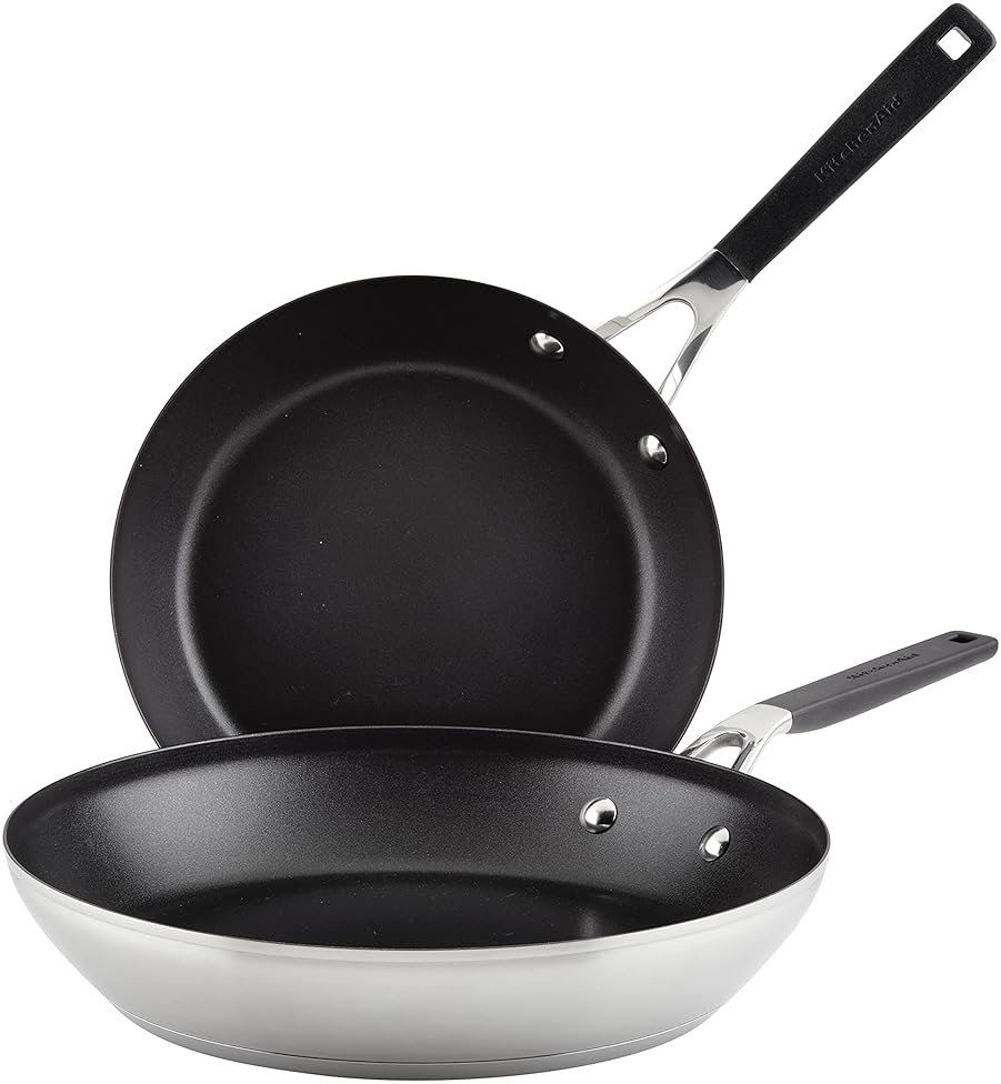 KitchenAid Stainless Steel Nonstick Frying Pans/Skillet Set, 9.5 Inch and 12 Inch - Brushed Stainless Steel - Product Image