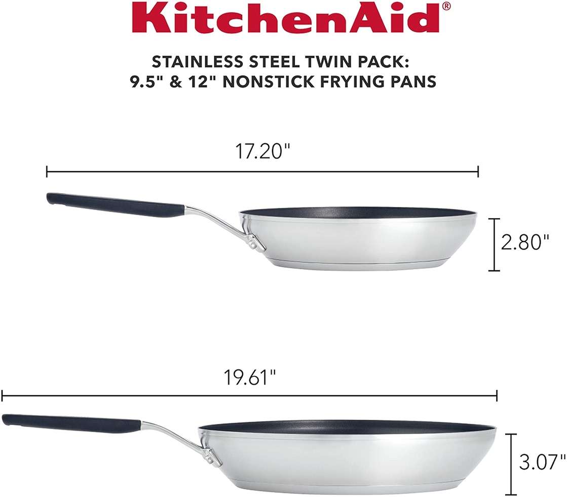 KitchenAid Stainless Steel Nonstick Frying Pans/Skillet Set, 9.5 Inch and 12 Inch - Brushed Stainless Steel - Image 3
