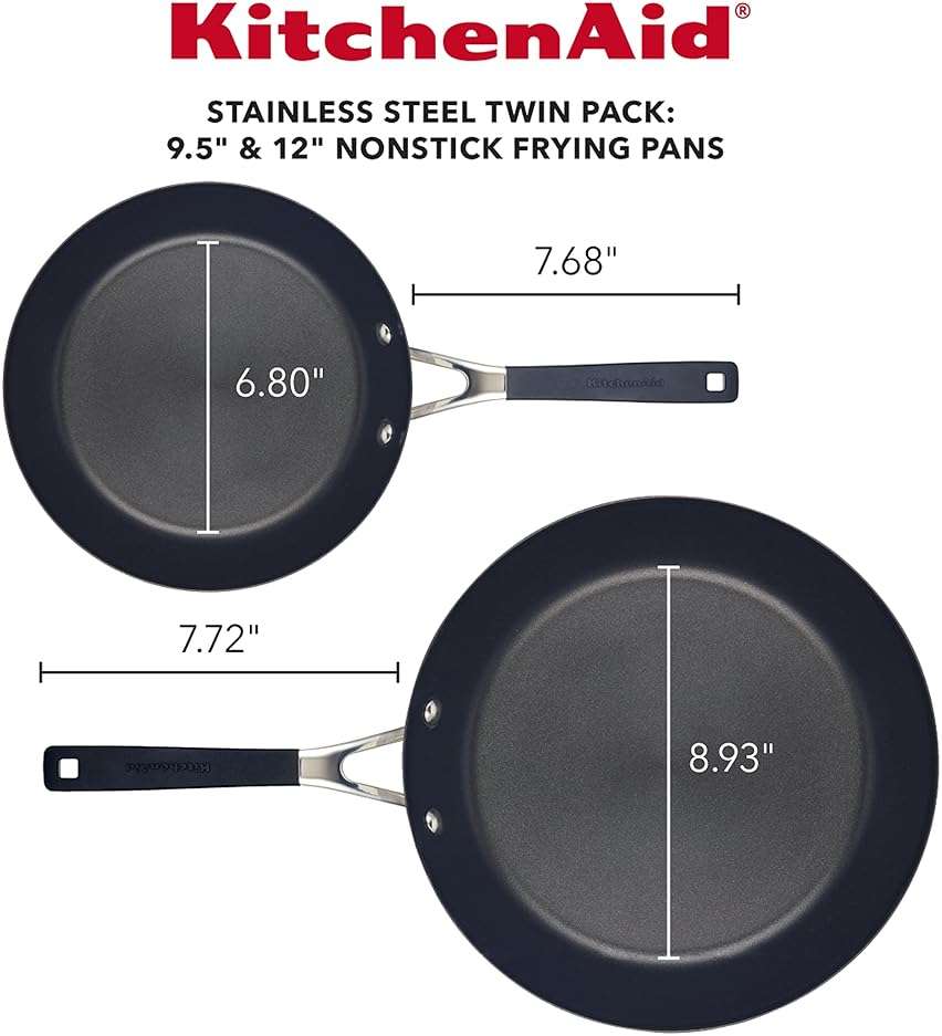 KitchenAid Stainless Steel Nonstick Frying Pans/Skillet Set, 9.5 Inch and 12 Inch - Brushed Stainless Steel - Image 4