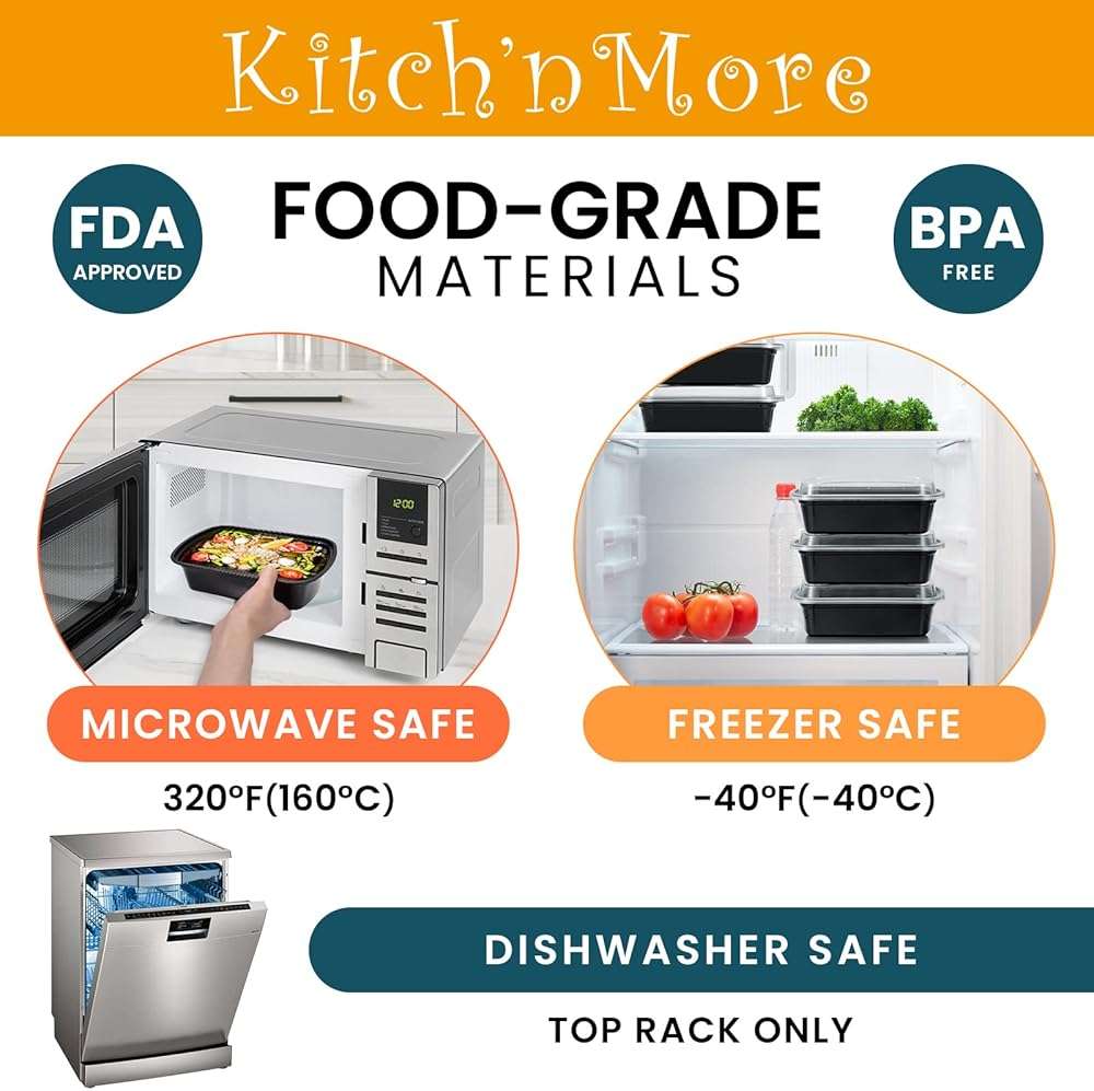 Kitch’nMore 38oz Meal Prep Containers, Extra Large &Thick Food Storage Containers with Lids, Reusable Plastic,Disposable Bento Box,Stackable,Microwave/Freezer/Dishwasher Safe, BPA Free (30Pack) - Image 4