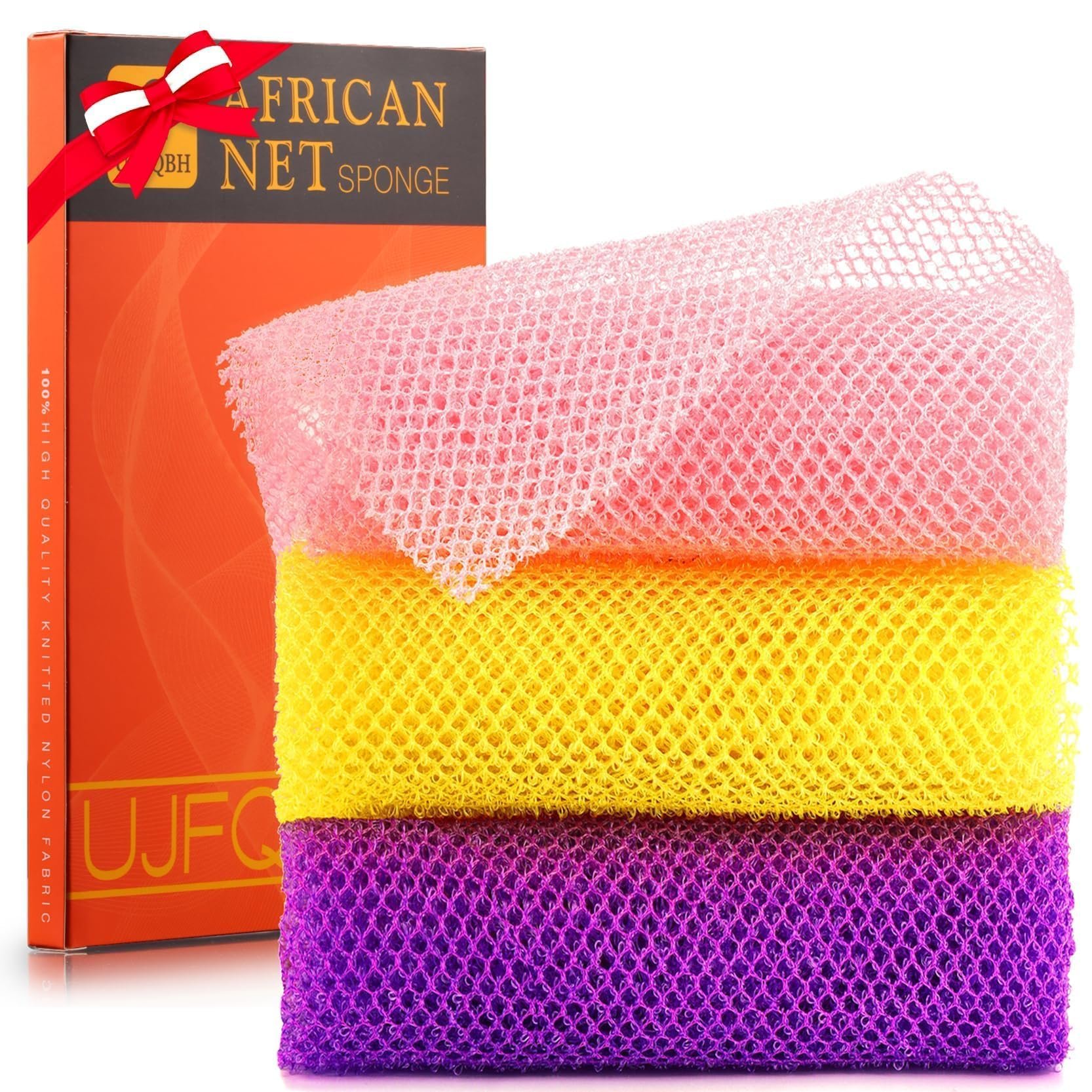 UJFQBH 3 Pieces African Bath Sponge African Net Long Net Bath Sponge Exfoliating Shower Body Scrubber Back Scrubber Skin Smoother,Great for Daily Use (Pink,Yellow,Purple) - Product Image