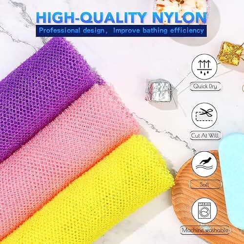 UJFQBH 3 Pieces African Bath Sponge African Net Long Net Bath Sponge Exfoliating Shower Body Scrubber Back Scrubber Skin Smoother,Great for Daily Use (Pink,Yellow,Purple) - Image 5