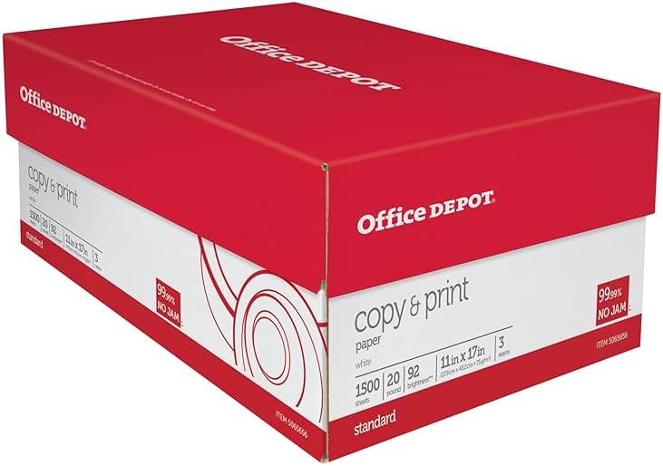 Office Depot® Copy And Print Paper, Ledger Size (11" x 17"), 92 Brightness, 20 Lb, Ream of 500 Sheets, Case of 3 Reams - Product Image
