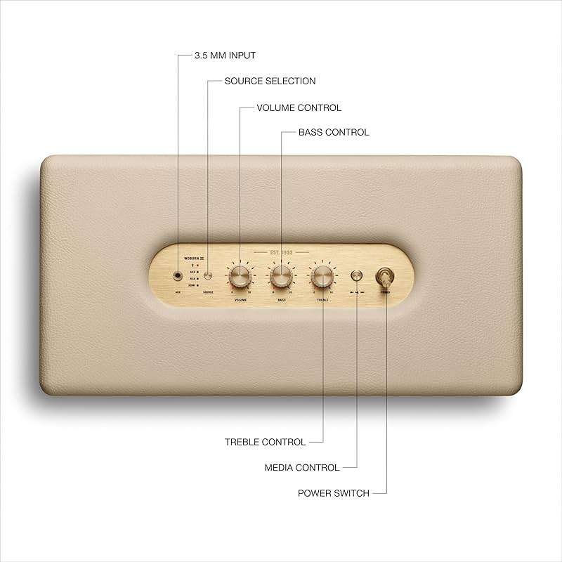 Marshall Woburn III Bluetooth Home Speaker - Loud Stereo Sound with Bass and Treble Controls | Plug-in Powered | Record Player Compatible | HDMI, RCA, 3.5 mm Aux Inputs - Cream - Image 6