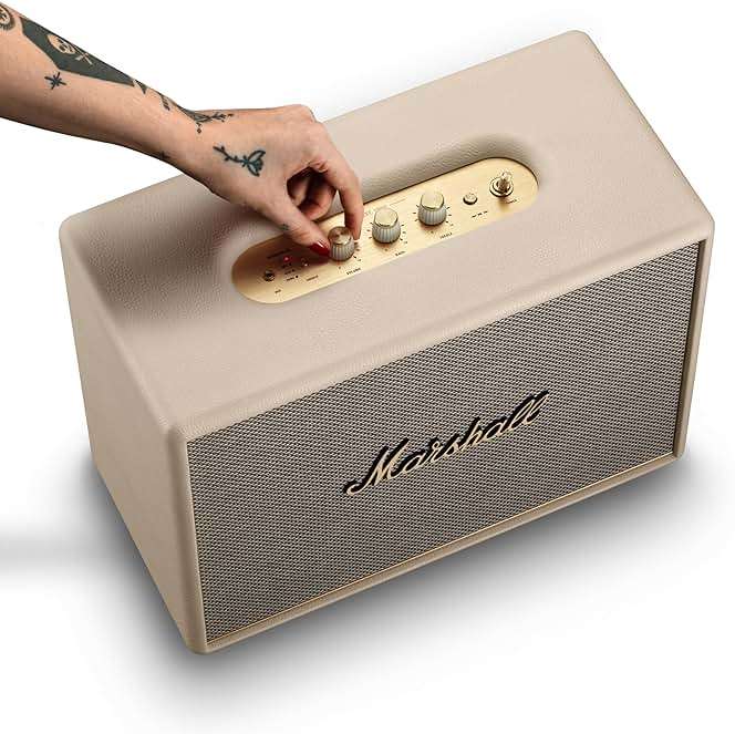 Marshall Woburn III Bluetooth Home Speaker - Loud Stereo Sound with Bass and Treble Controls | Plug-in Powered | Record Player Compatible | HDMI, RCA, 3.5 mm Aux Inputs - Cream - Image 7