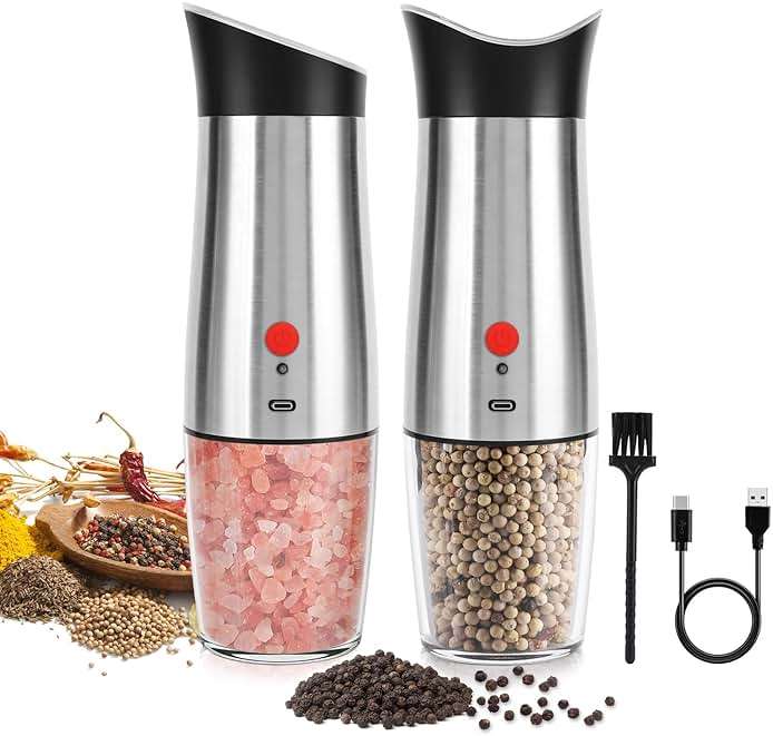 Electric Salt and Pepper Grinder Set: - for Gravity Automatic Sea Salt Grinder Set Spice Pepper Shakers with Adjustable Coarseness USB Rechargeable Battery Power Peppercorn Mill - Image 1