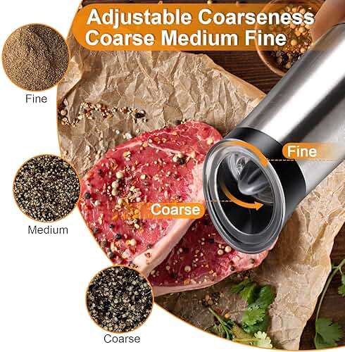 Electric Salt and Pepper Grinder Set: - for Gravity Automatic Sea Salt Grinder Set Spice Pepper Shakers with Adjustable Coarseness USB Rechargeable Battery Power Peppercorn Mill - Image 4