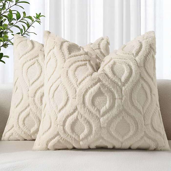 decorUhome Throw Pillow Covers 18x18 Inch Set of 2, Soft Plush Faux Wool Beige Solid Couch Pillow Covers, Accent Farmhouse Neutral Square Pillow Cases for Sofa Bed Living Room - Image 1