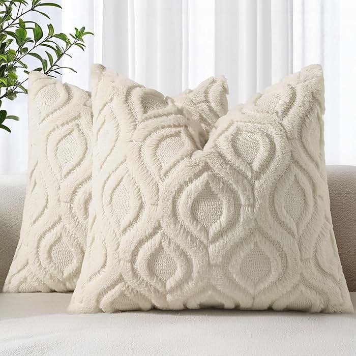 decorUhome Throw Pillow Covers 18x18 Inch Set of 2, Soft Plush Faux Wool Beige Solid Couch Pillow Covers, Accent Farmhouse Neutral Square Pillow Cases for Sofa Bed Living Room - Product Image