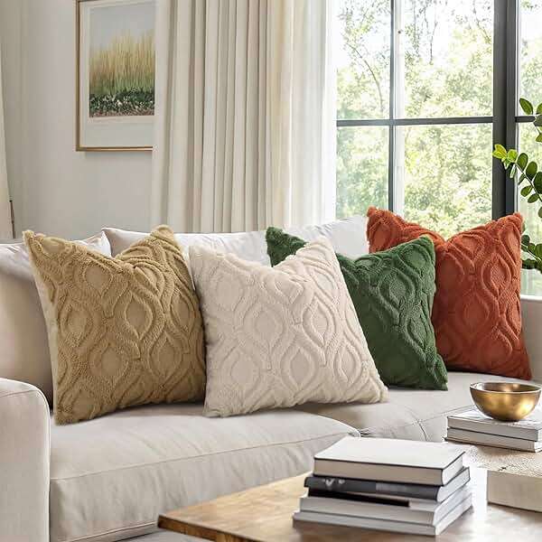 decorUhome Throw Pillow Covers 18x18 Inch Set of 2, Soft Plush Faux Wool Beige Solid Couch Pillow Covers, Accent Farmhouse Neutral Square Pillow Cases for Sofa Bed Living Room - Image 2