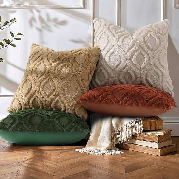 decorUhome Throw Pillow Covers 18x18 Inch Set of 2, Soft Plush Faux Wool Beige Solid Couch Pillow Covers, Accent Farmhouse Neutral Square Pillow Cases for Sofa Bed Living Room - Image 3