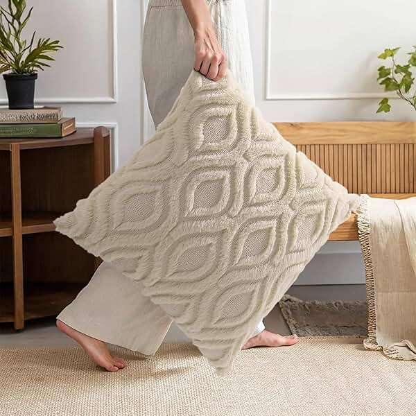 decorUhome Throw Pillow Covers 18x18 Inch Set of 2, Soft Plush Faux Wool Beige Solid Couch Pillow Covers, Accent Farmhouse Neutral Square Pillow Cases for Sofa Bed Living Room - Image 5