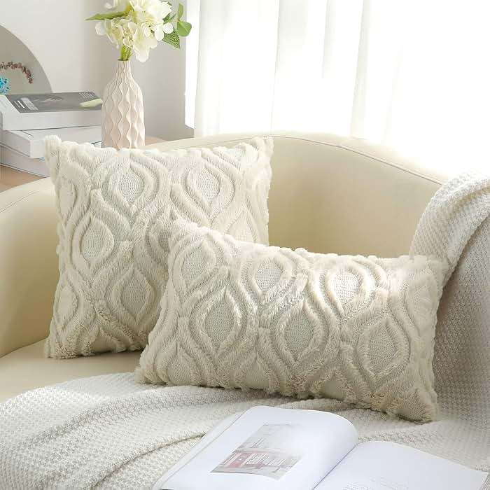 decorUhome Throw Pillow Covers 18x18 Inch Set of 2, Soft Plush Faux Wool Beige Solid Couch Pillow Covers, Accent Farmhouse Neutral Square Pillow Cases for Sofa Bed Living Room - Image 6