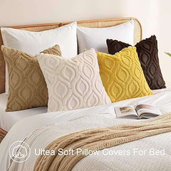 decorUhome Throw Pillow Covers 18x18 Inch Set of 2, Soft Plush Faux Wool Beige Solid Couch Pillow Covers, Accent Farmhouse Neutral Square Pillow Cases for Sofa Bed Living Room - Image 8