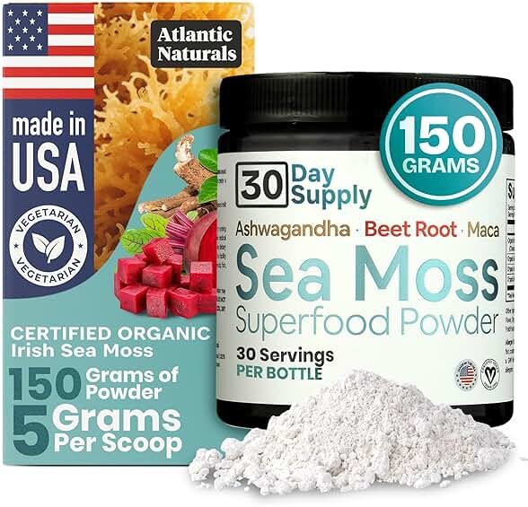 Atlantic Naturals Superfood Organic Sea Moss Powder Blend with Ashwagandha, Maca Root & Beet Root | Ideal for Healthy Skin, Positive Mood & Energy | Vanilla Flavor (150g) - Product Image