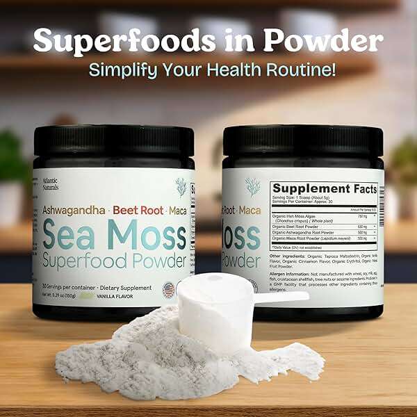 Atlantic Naturals Superfood Organic Sea Moss Powder Blend with Ashwagandha, Maca Root & Beet Root | Ideal for Healthy Skin, Positive Mood & Energy | Vanilla Flavor (150g) - Image 3