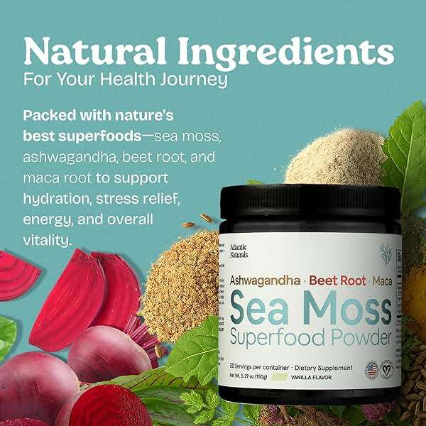Atlantic Naturals Superfood Organic Sea Moss Powder Blend with Ashwagandha, Maca Root & Beet Root | Ideal for Healthy Skin, Positive Mood & Energy | Vanilla Flavor (150g) - Image 6
