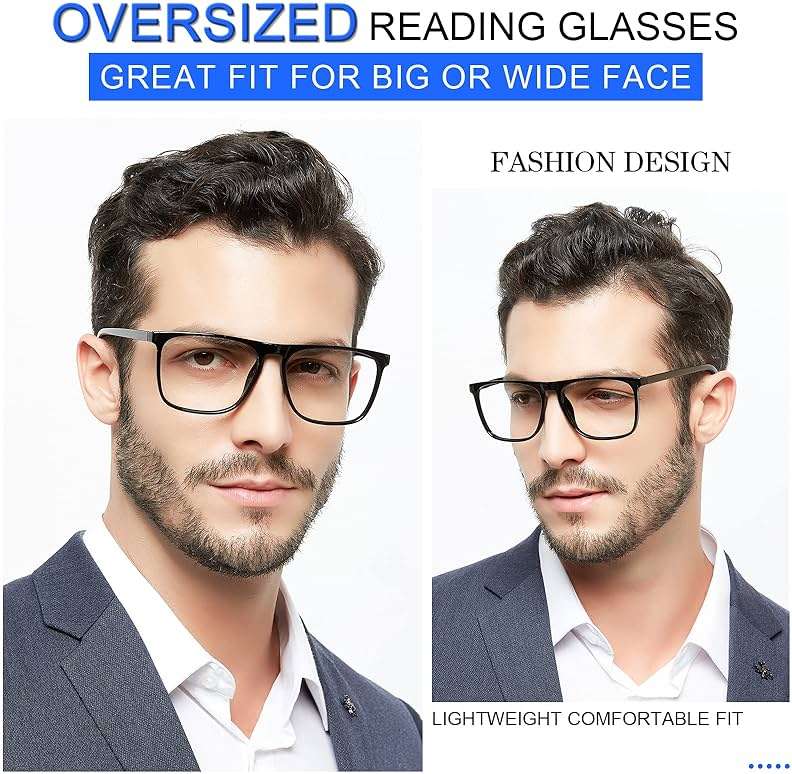 MARE AZZURO Oversized 3.00 Reading Glasses Men Big Square Readers for Large Head 1.0 1.25 1.5 1.75 2.0 2.25 2.5 2.75 3.0 3.5 4.0 5.0 6.0 (Black, 300) - Image 2