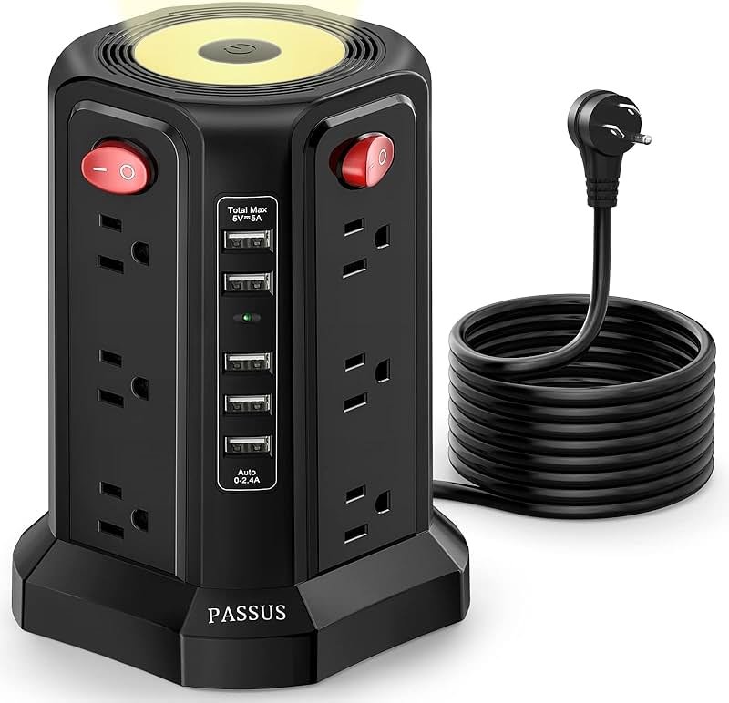 Surge Protector Power Strip Tower with 5 USB Ports and Night Light, 10FT Extension Cord with 12 AC Multiple Outlets, PASSUS Power Tower, Overload Protection for Home Office Dorm Room (Black) - Product Image