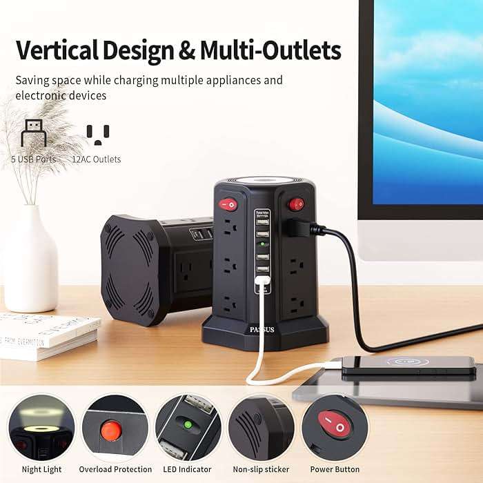 Surge Protector Power Strip Tower with 5 USB Ports and Night Light, 10FT Extension Cord with 12 AC Multiple Outlets, PASSUS Power Tower, Overload Protection for Home Office Dorm Room (Black) - Image 2
