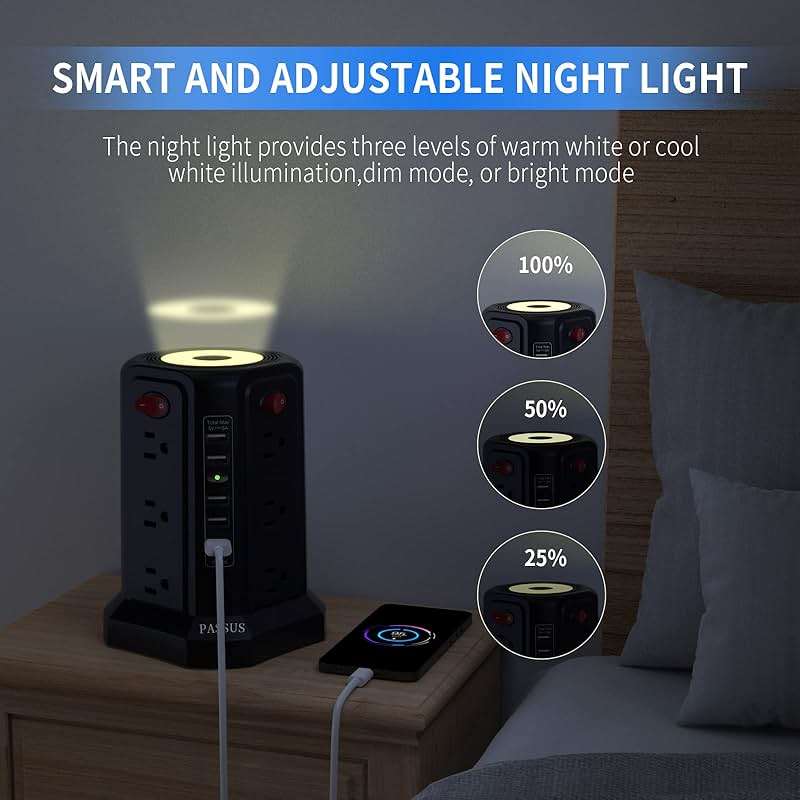 Surge Protector Power Strip Tower with 5 USB Ports and Night Light, 10FT Extension Cord with 12 AC Multiple Outlets, PASSUS Power Tower, Overload Protection for Home Office Dorm Room (Black) - Image 3