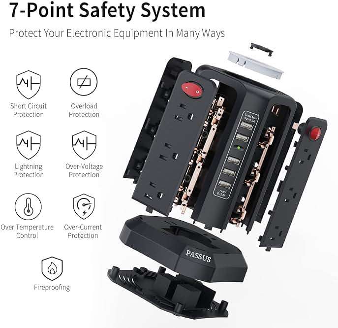 Surge Protector Power Strip Tower with 5 USB Ports and Night Light, 10FT Extension Cord with 12 AC Multiple Outlets, PASSUS Power Tower, Overload Protection for Home Office Dorm Room (Black) - Image 4
