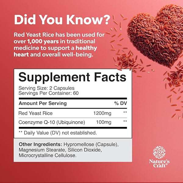 Natures Craft Red Yeast Rice with CoQ10 Supplement - Advanced Healthy Heart & Healthy Cholesterol Levels Formula for Men & Women - Red Yeast Rice Capsules with 1200 mg per Serving and CoQ10-120 Count - Image 7