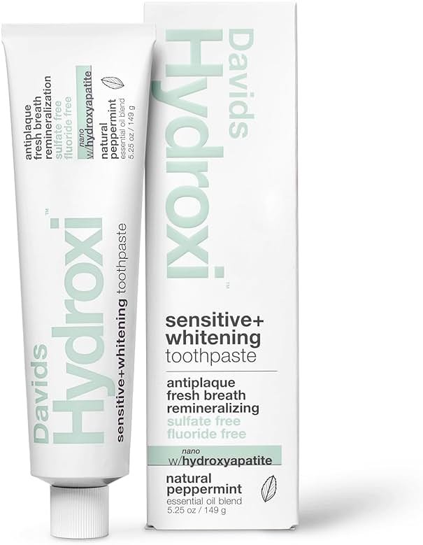 Davids Hydroxi Fluoride Free Nano Hydroxyapatite Toothpaste for Remineralizing Enamel & Sensitive Relief, Whitening, Antiplaque, SLS Free, Natural Peppermint, 5.25oz, Made in USA - Product Image